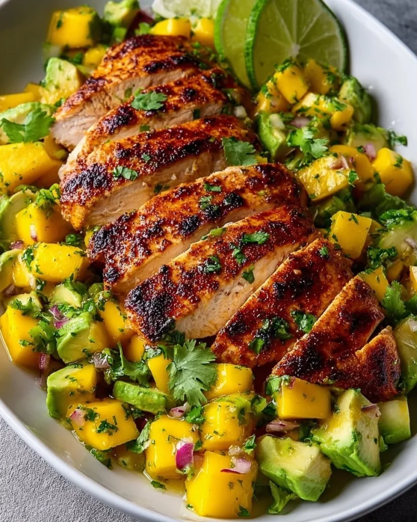 Grilled chicken with mango and avocado served on a plate