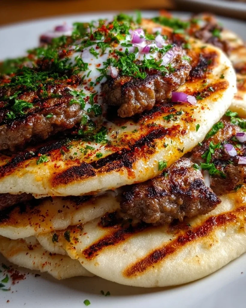 Grilled lamb pita arayes filled with juicy lamb and spices, served on a plate.