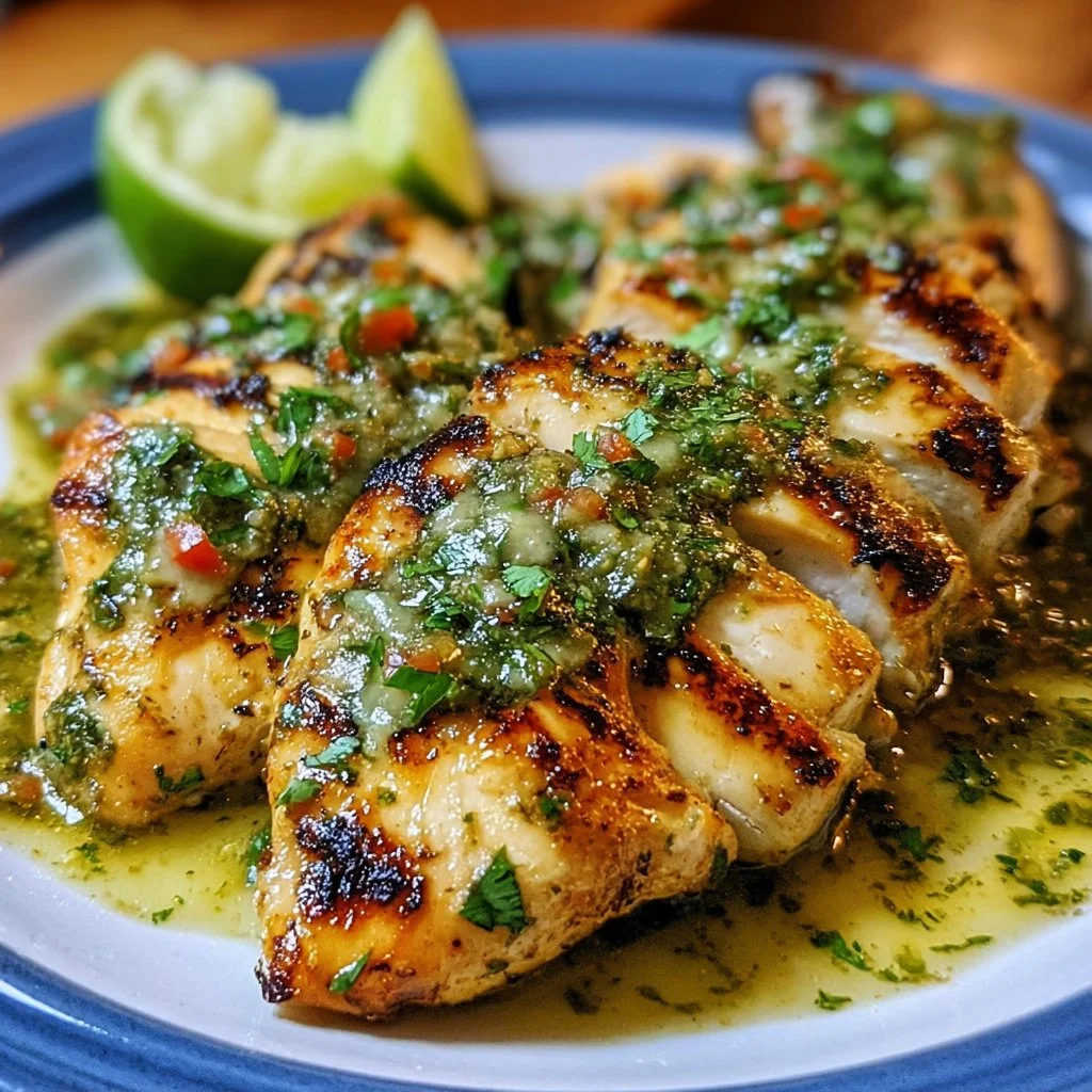 Grilled salsa verde chicken with pepper jack cheese plated with fresh herbs.