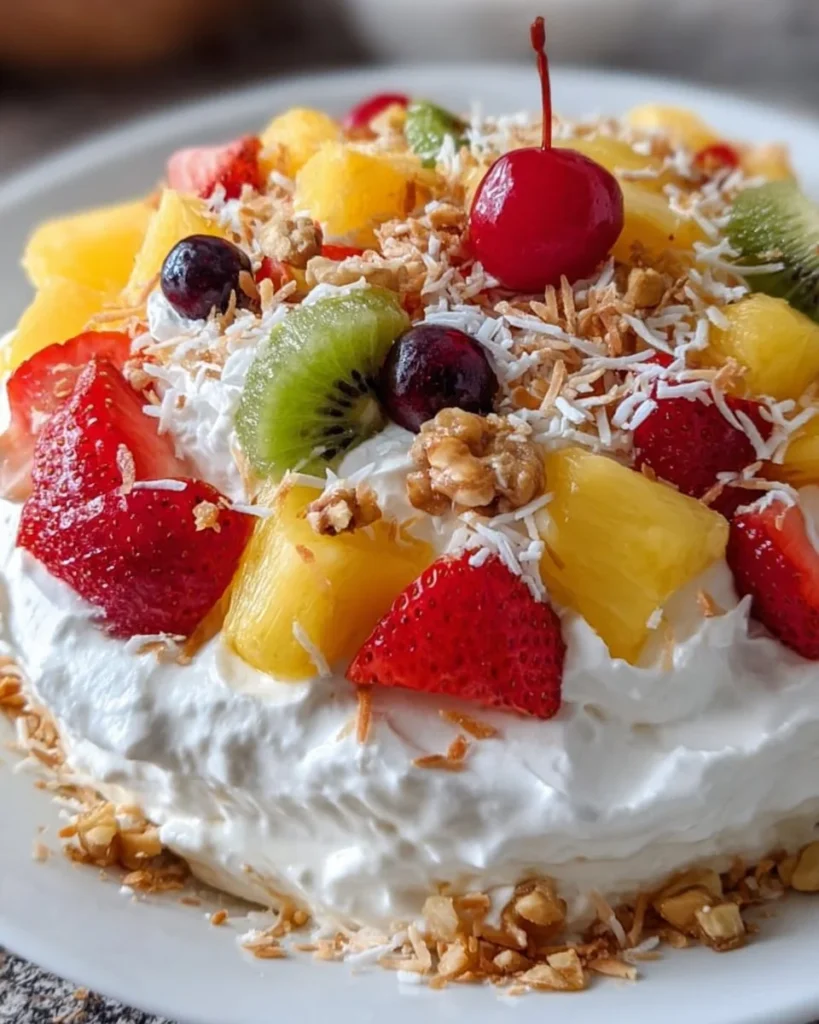 A colorful bowl of Hawaiian Cheesecake Salad with tropical fruits and creamy cheesecake dressing.