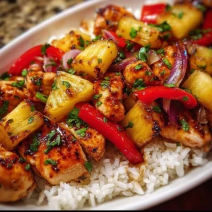 Hawaiian Chicken Sheet Pan with colorful vegetables and tropical glaze
