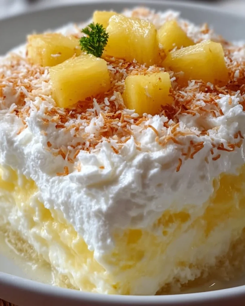 Hawaiian Pineapple Coconut Fluff dessert with pineapple and coconut ingredients