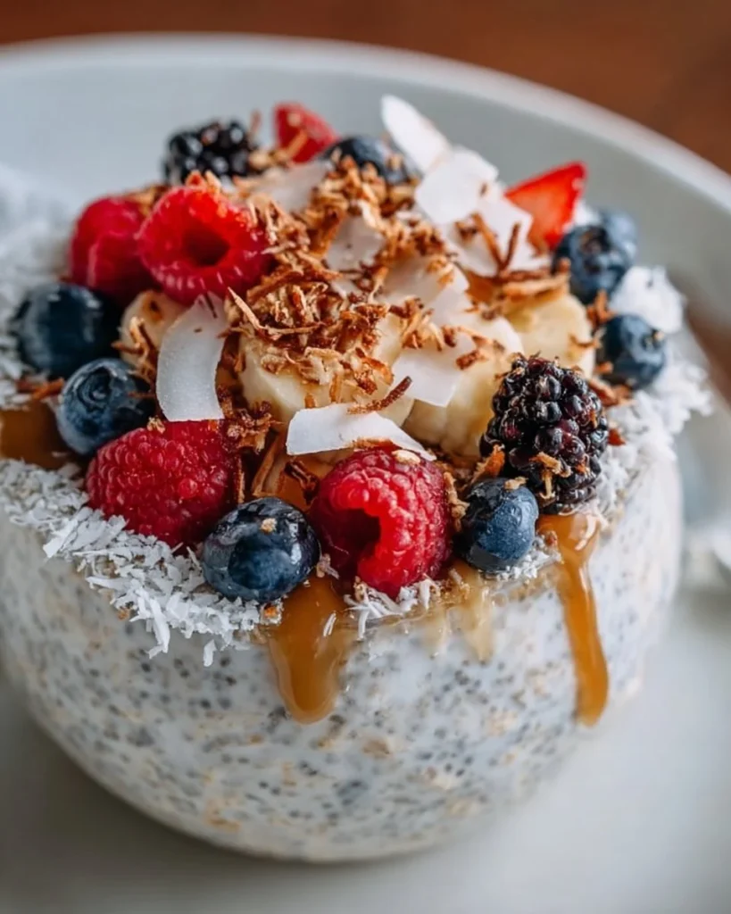 Bowl of healthy coconut cream overnight oats topped with fruit