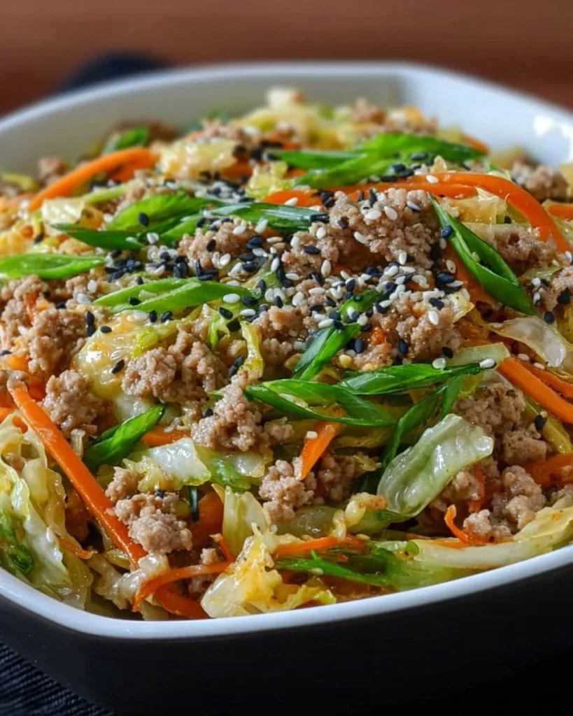 Healthy Keto Egg Roll Bowl with vegetables and protein for a low-carb meal.