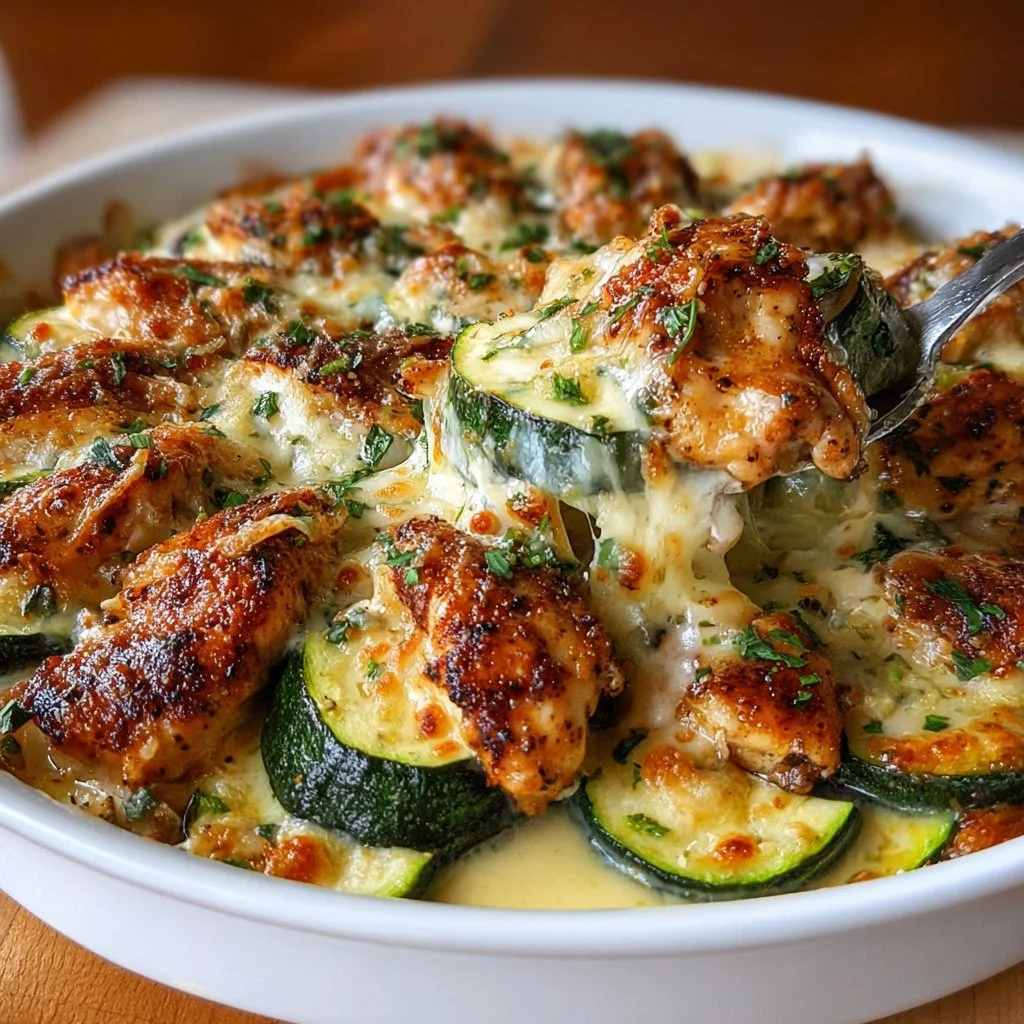 High Protein Chicken Zucchini Bake dish with layered chicken and zucchini
