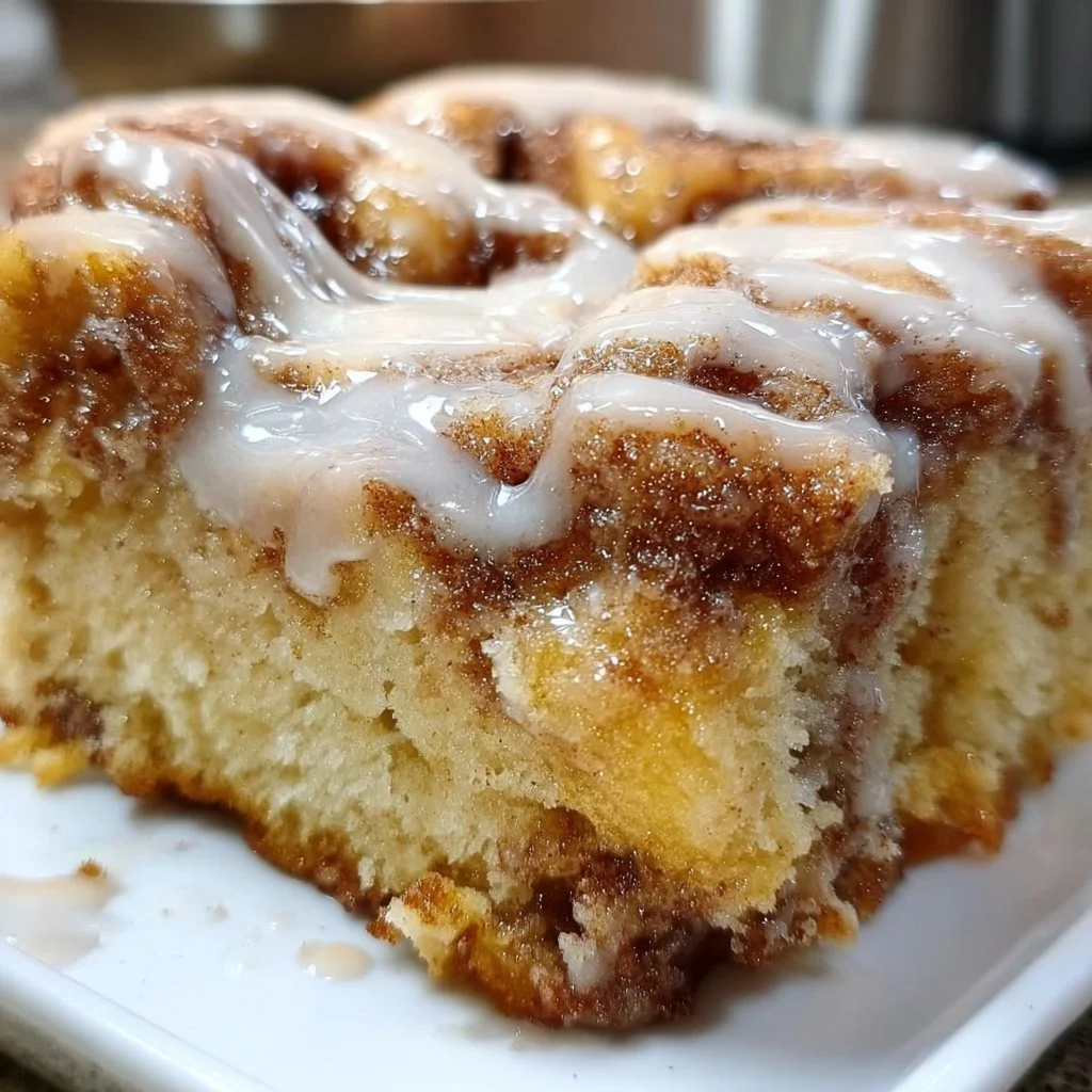 Delicious homemade cinnamon roll cake topped with icing, served on a plate