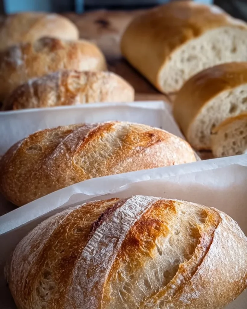 A freshly baked mini sourdough loaf on a wooden cutting board.