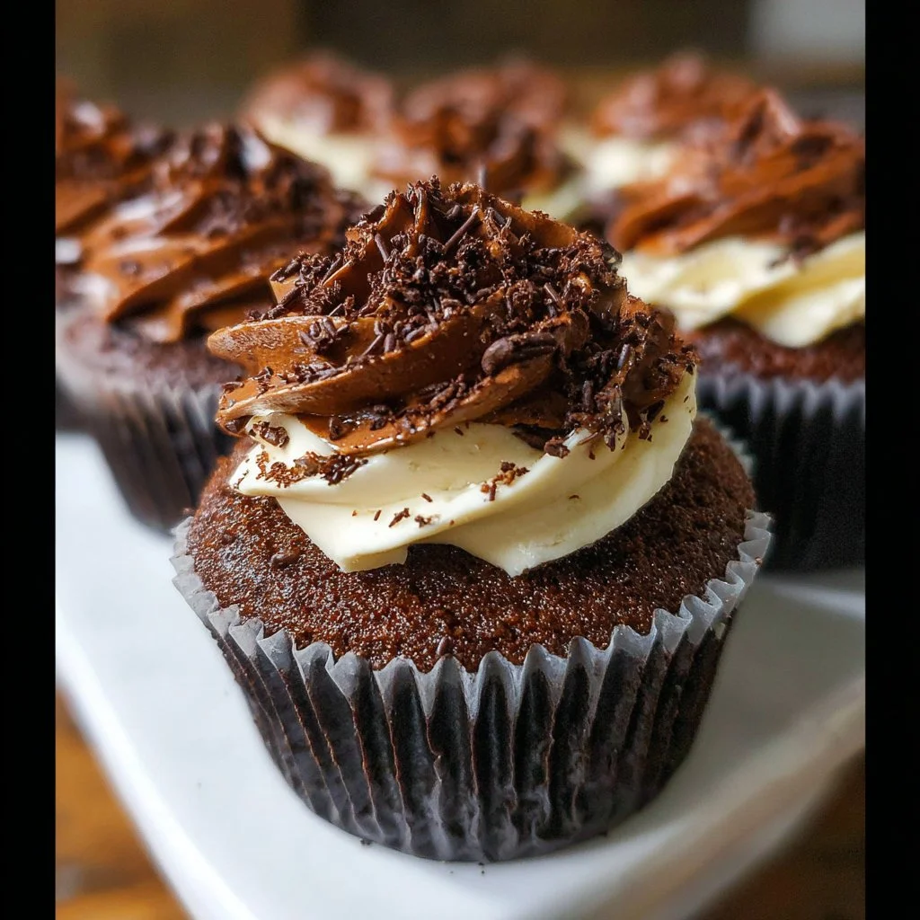 Homemade moist chocolate cupcakes topped with creamy frosting