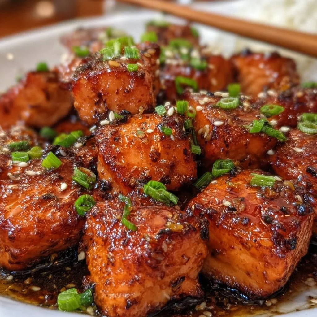 Honey Garlic Salmon Bites served on a plate with garnishes