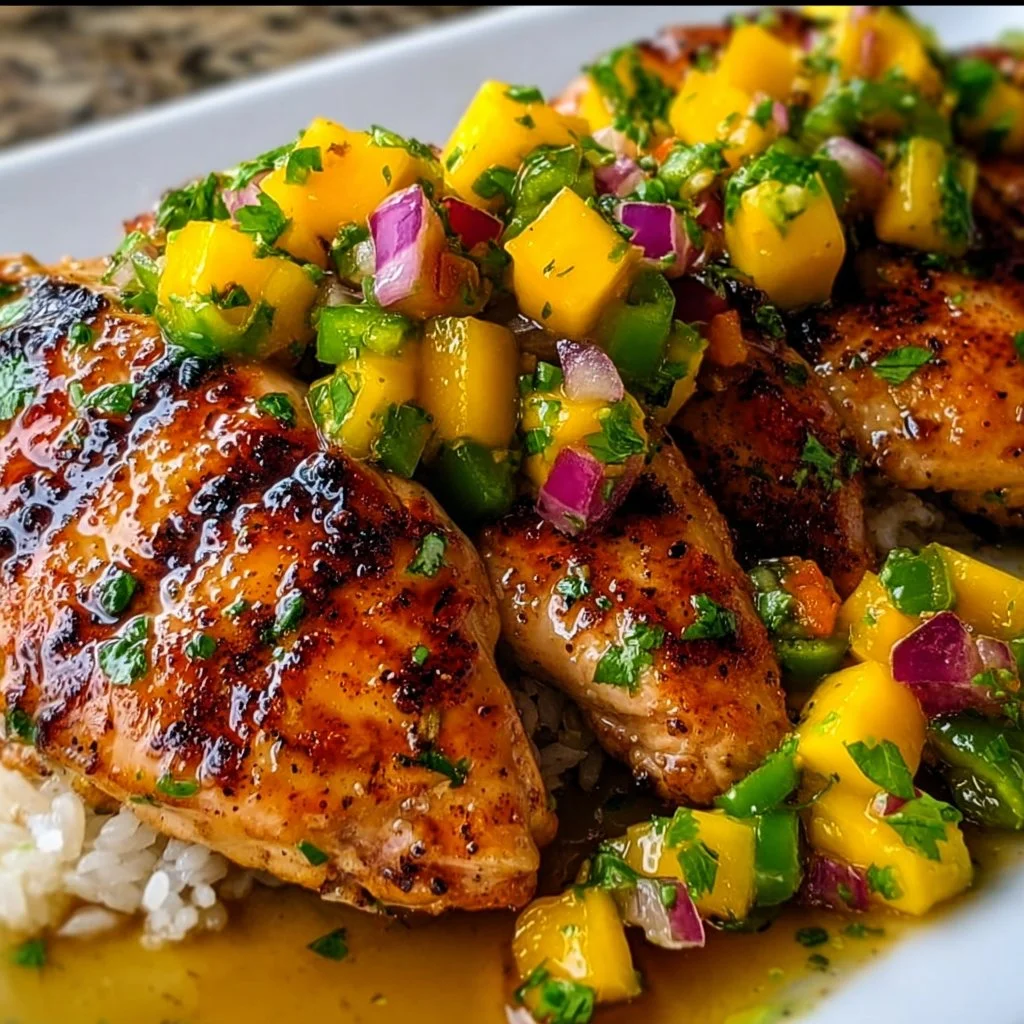 Honey Lime Chicken served with fresh Mango Salsa on a white plate