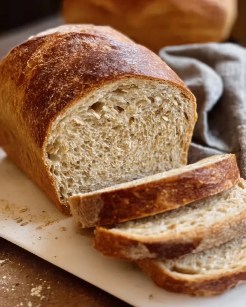 Loaf of honey oatmeal sourdough sandwich bread on a wooden cutting board