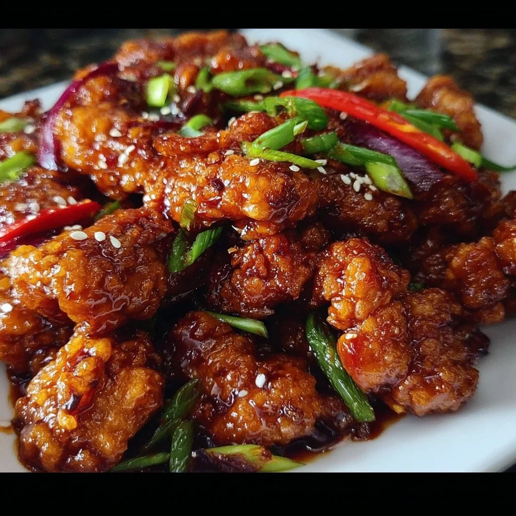 Spicy Dragon Chicken dish served with vegetables and garnish