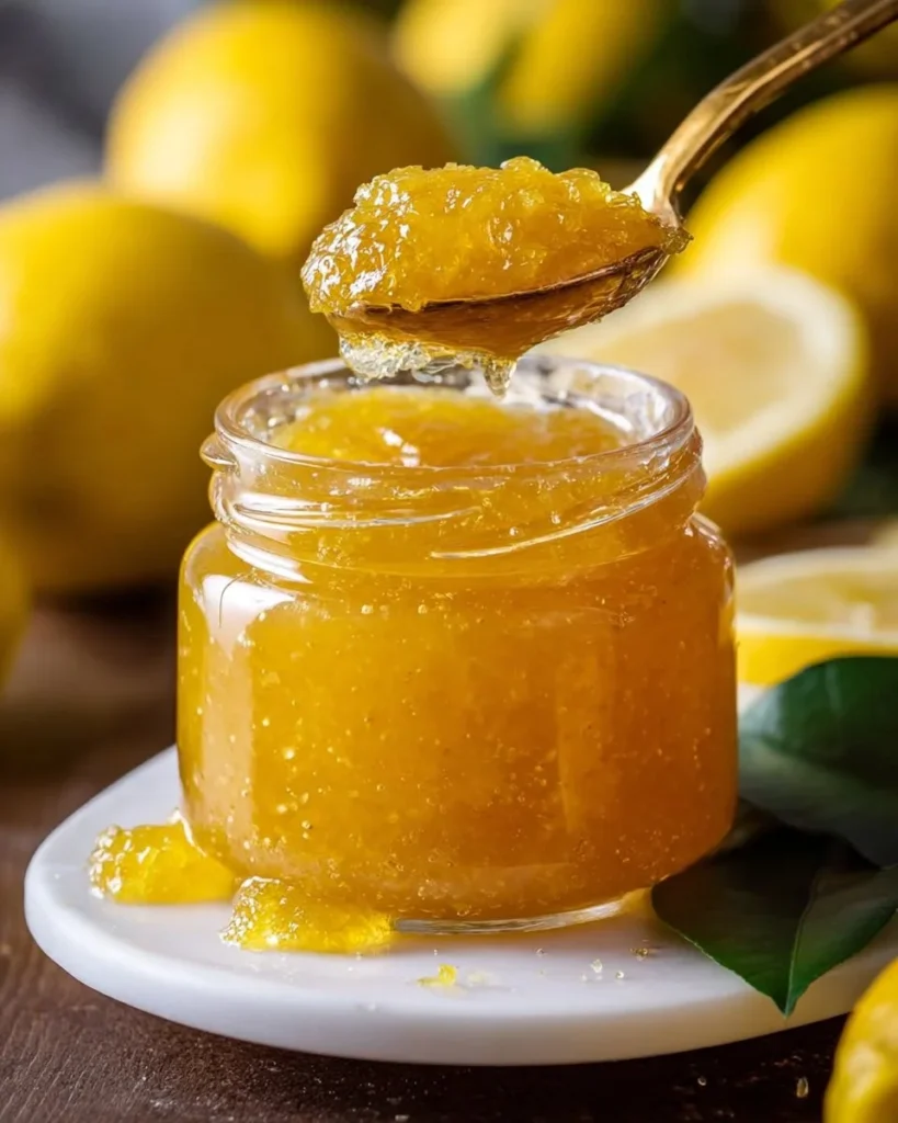 Jar of Italian lemon jam with fresh lemons and a spoon