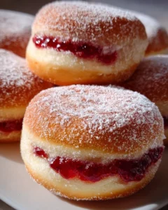 A delicious jelly donut filled with fruit jam, dusted with powdered sugar.