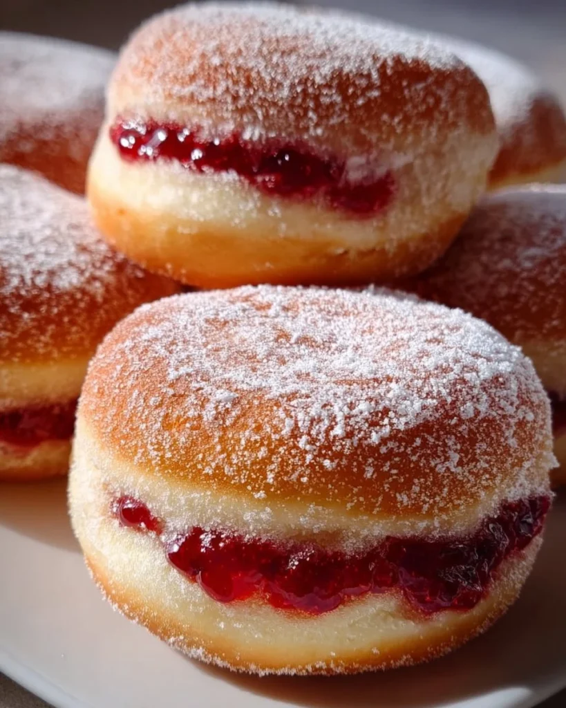 A delicious jelly donut filled with fruit jam, dusted with powdered sugar.