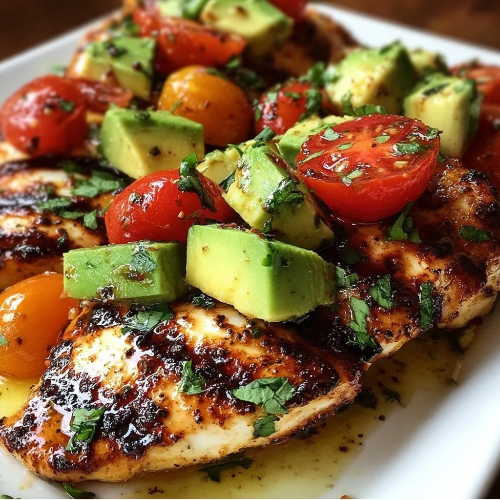 Juicy grilled California avocado chicken served on a plate with fresh herbs.