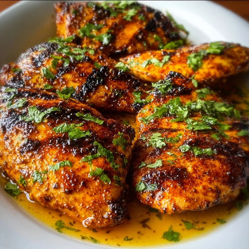 Juicy Spicy Grilled Cuban Chicken on a plate garnished with herbs