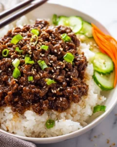 Delicious Korean Beef Bowl with tender beef and colorful vegetables