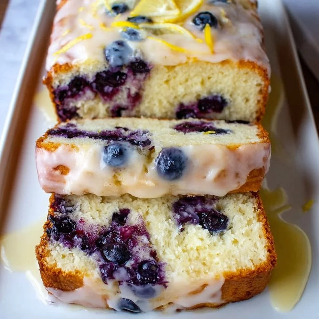 Freshly baked lemon blueberry bread with slices showcasing blueberries