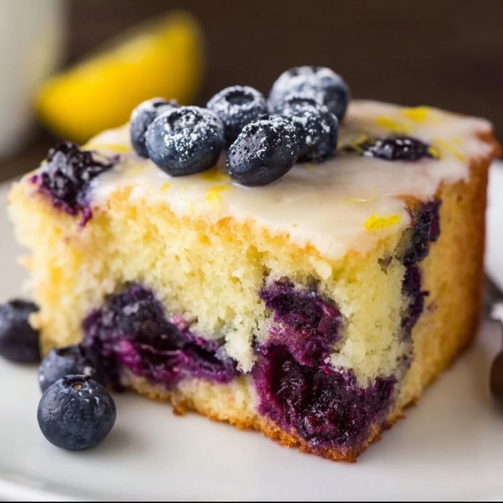 A delicious lemon blueberry cake topped with fresh blueberries and lemon zest