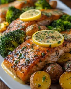 Delicious Lemon Butter Salmon with crispy potatoes and broccoli on a plate