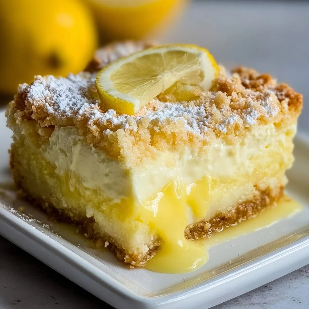 Delicious lemon cream cheese dump cake served on a plate
