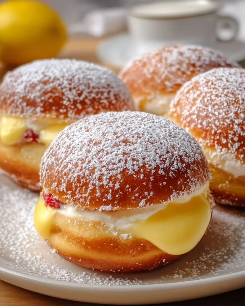 Delicious Lemon Cream Donuts filled with zesty lemon cream, perfect for dessert.