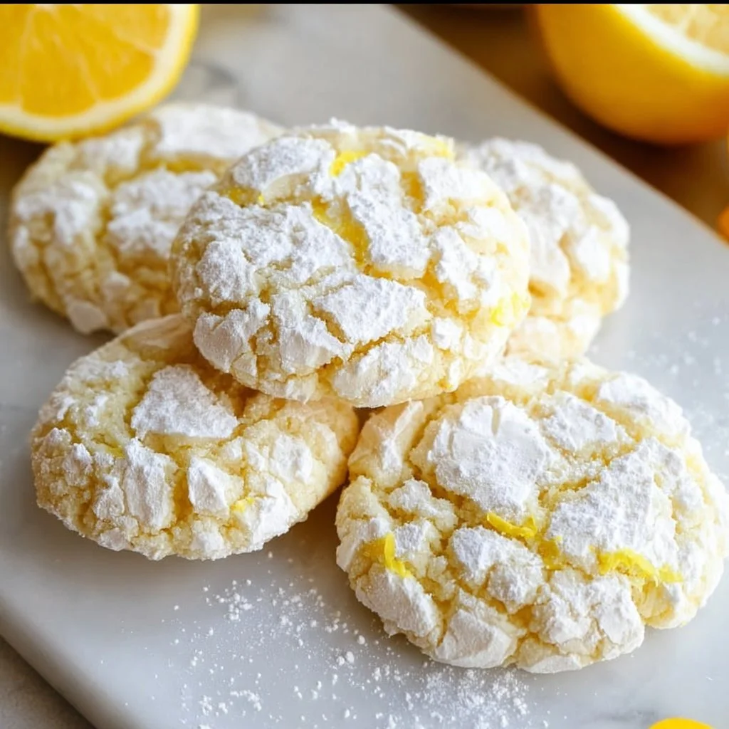 Lemon Crinkle Cookies dusted with powdered sugar on a baking tray