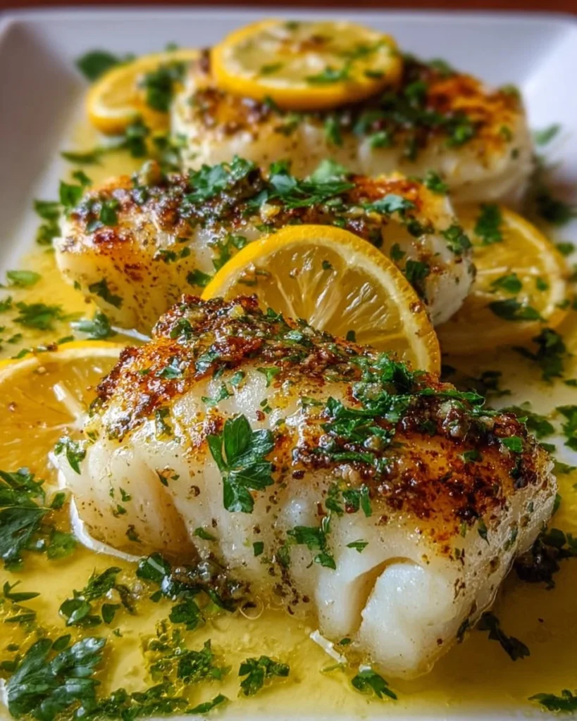 Lemon Garlic Butter Cod dish garnished with fresh herbs on a plate