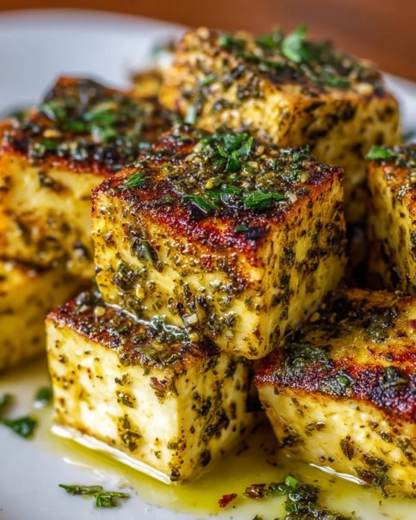 Lemon Herb Baked Tofu garnished with fresh herbs and lemon slices