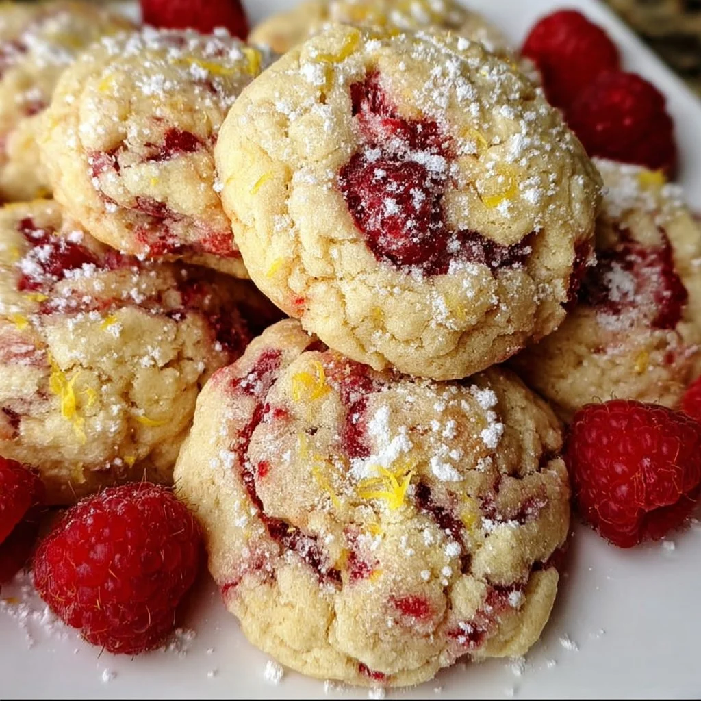 Freshly baked lemon raspberry cookies on a plate, garnished with raspberries.
