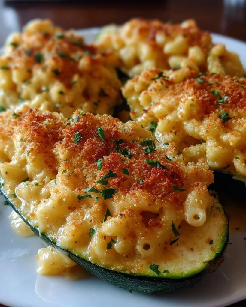 Mac and cheese stuffed zucchini baked to perfection, a healthy comfort food dish.