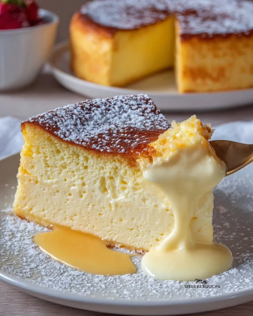 Slice of Magic Custard Cake showcasing its layered custard texture and golden top.