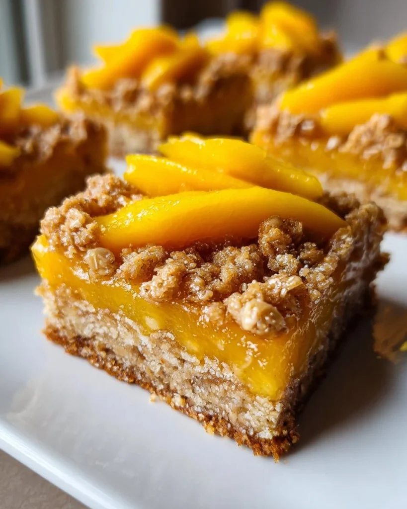 Delicious Mango Oatmeal Crumble Bars topped with a crunchy oat mixture