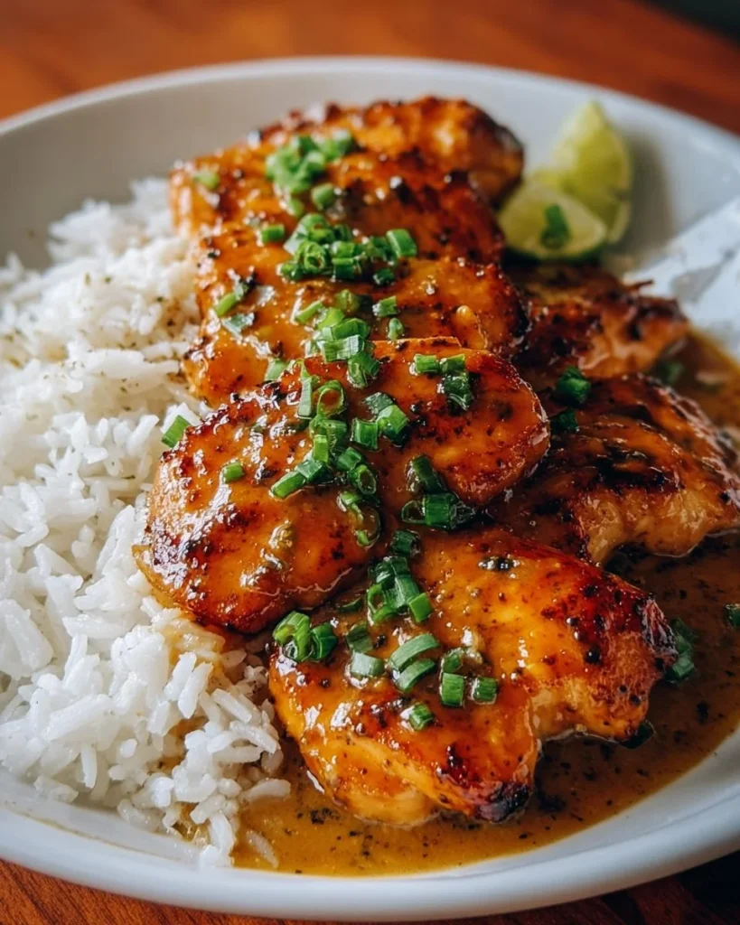 Delicious Maple Chicken served with Coconut Rice on a plate.