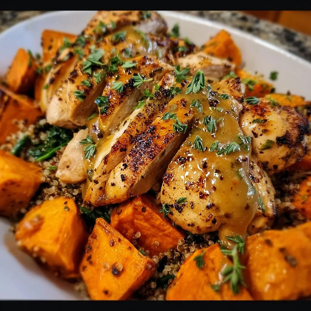Maple Dijon Chicken and Sweet Potato Bowl served in a cozy setting