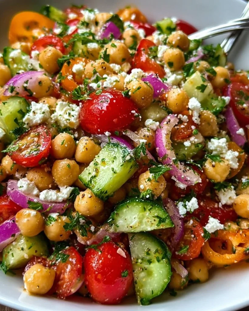 Mediterranean Chickpea Salad with cucumber and feta cheese in a bowl