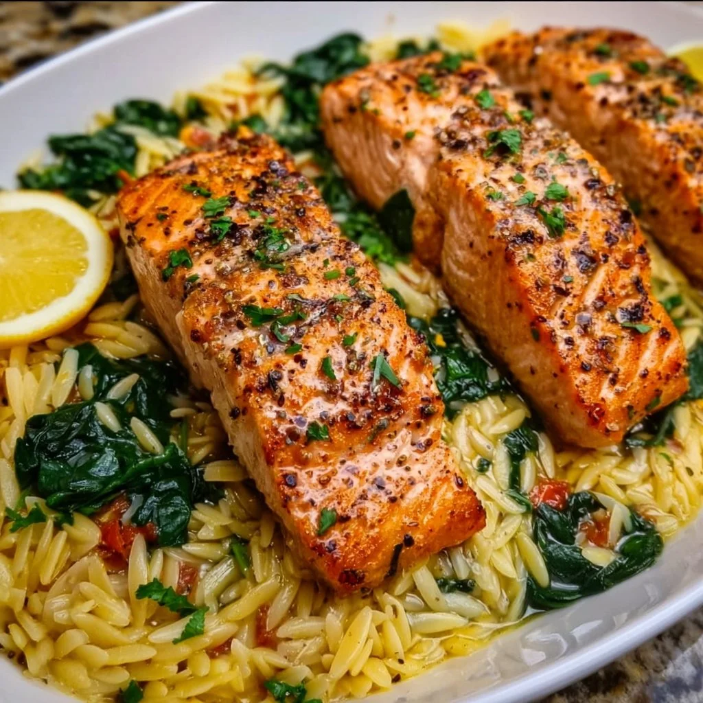 Mediterranean Salmon served with Lemon Orzo on a plate