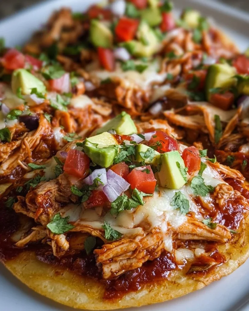 Delicious Mexican chicken tortilla pizza topped with fresh ingredients