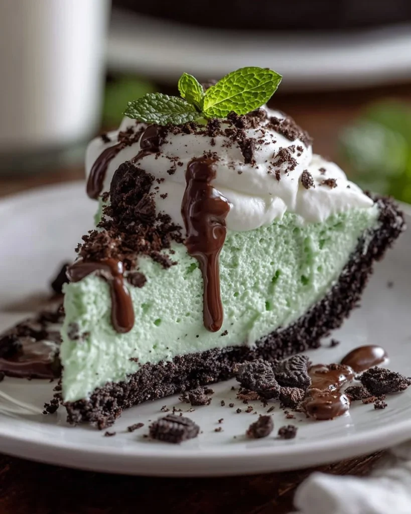 Delicious No Bake Grasshopper Pie with mint and chocolate layers