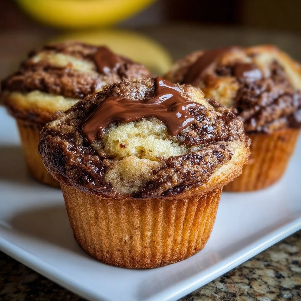 Nutella banana muffins fresh out of the oven with a chocolate swirl