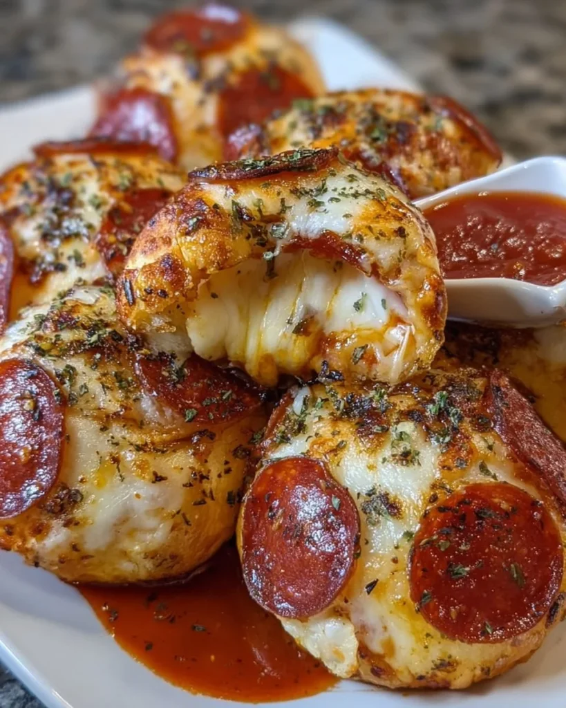 Delicious pepperoni pizza bombs served on a plate with dipping sauce