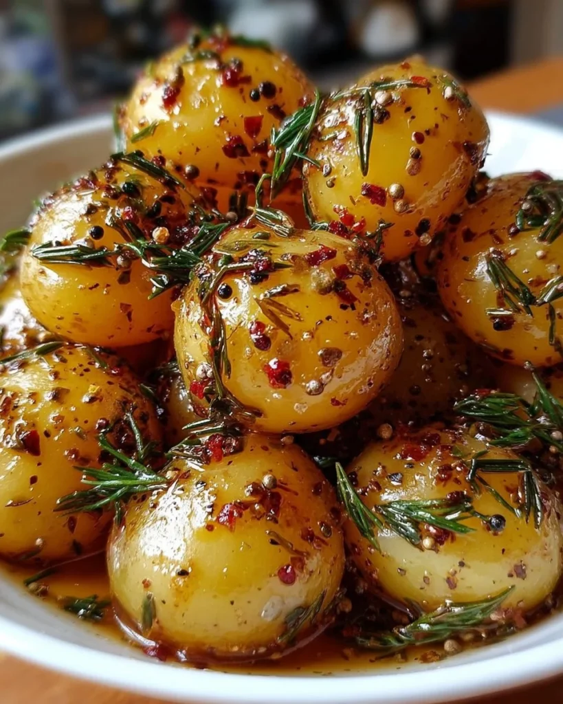 Homemade pickled potatoes in a jar, ready to be served.