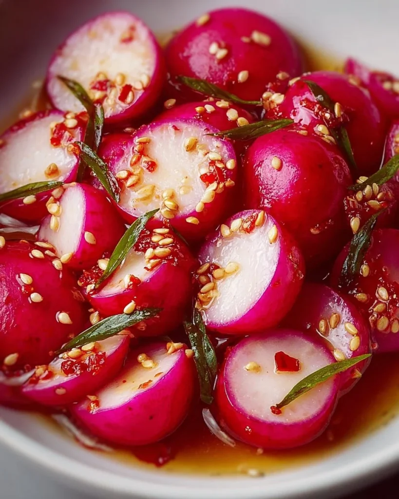 A jar of colorful pickled radishes ready to be served.