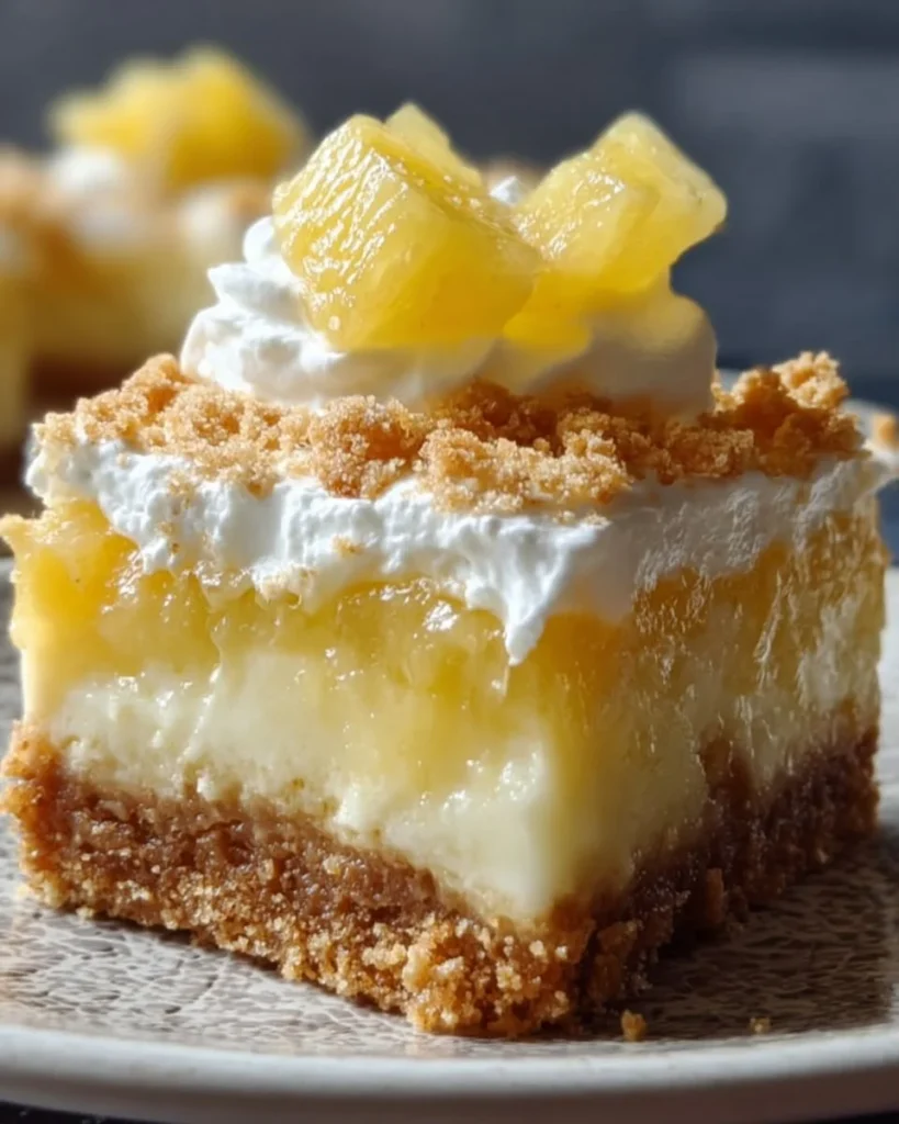 Delicious pineapple squares with a graham cracker crust on a white plate.