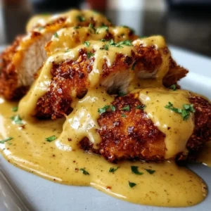 Crispy Pretzel Chicken served with mustard-cheddar sauce on a plate