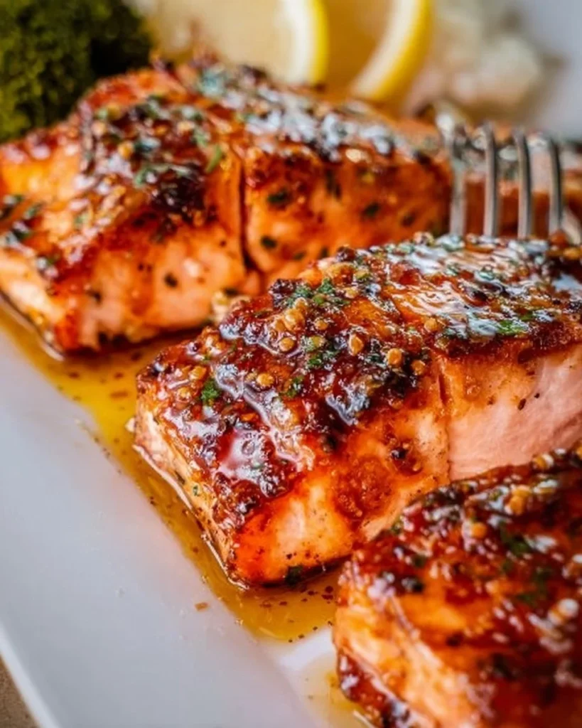 Grilled salmon fillet drizzled with hot honey sauce, served on a plate.