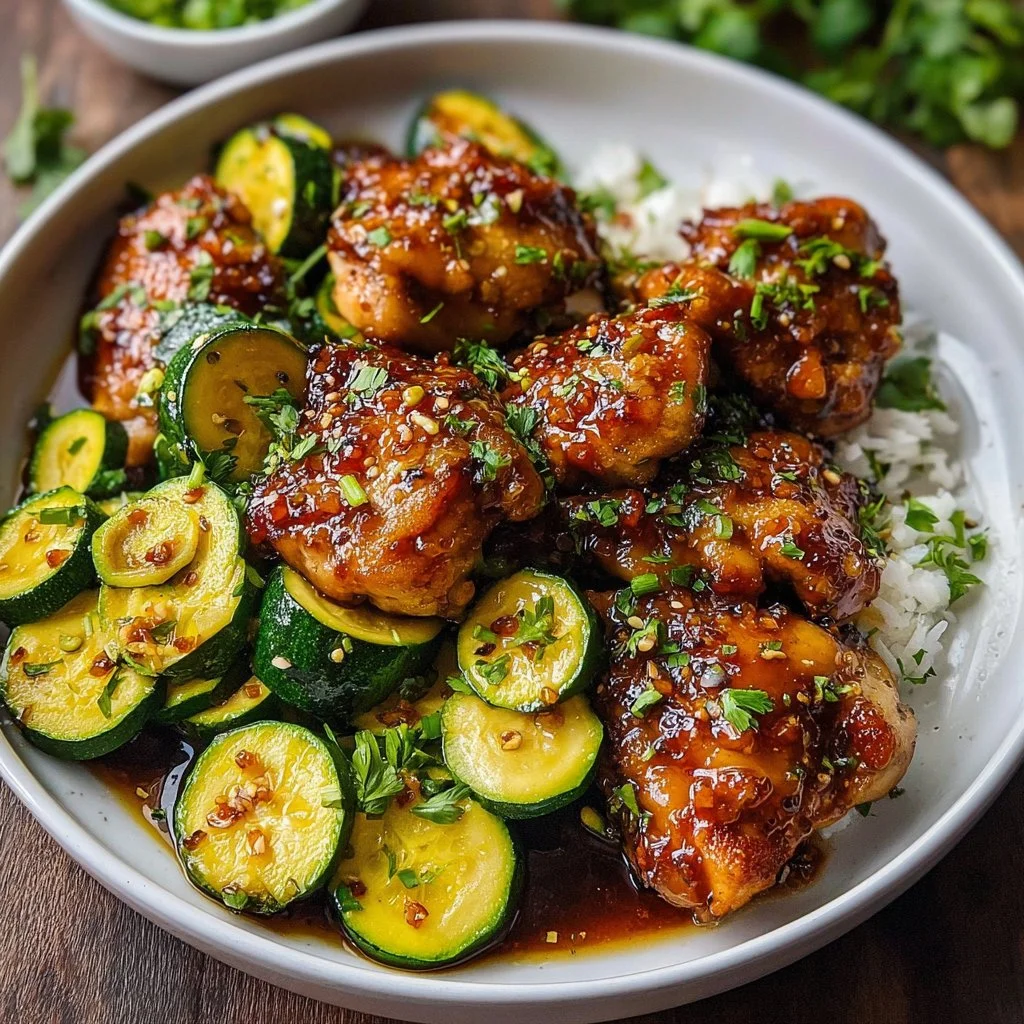 Sheet pan hot honey garlic chicken with zucchini served on a platter.
