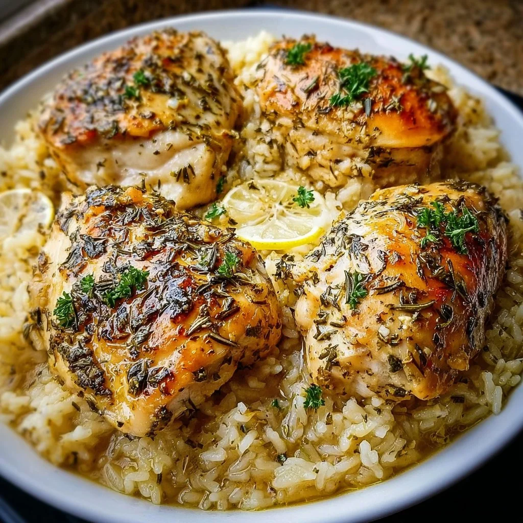 Slow Cooker Lemon Herb Chicken served with rice on a plate