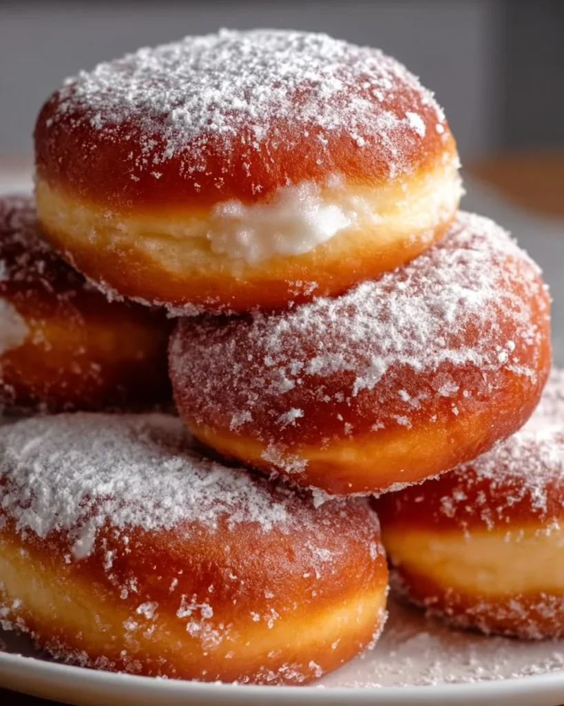 Delicious homemade sour cream cake donuts dusted with powdered sugar.